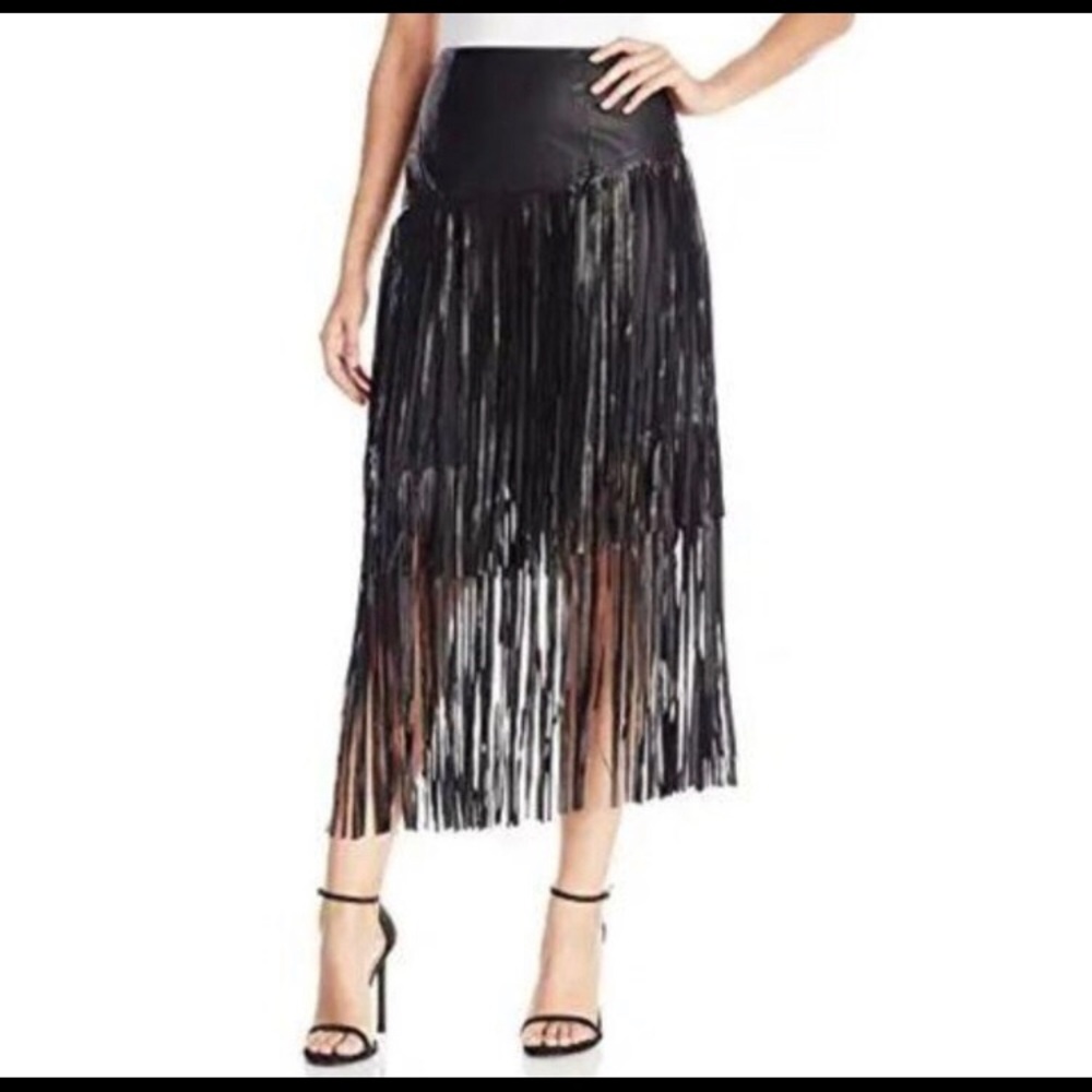 Kensie Faux Leather Black Fringe Midi Skirt S